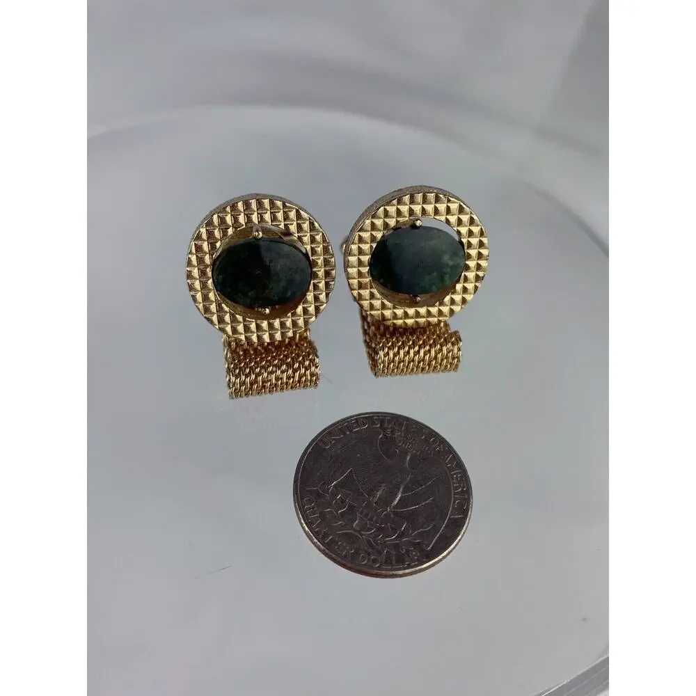 Green Jade Mesh Wrap Gold Tone Cufflinks Quilted Diamond Plate Round Vintage N1